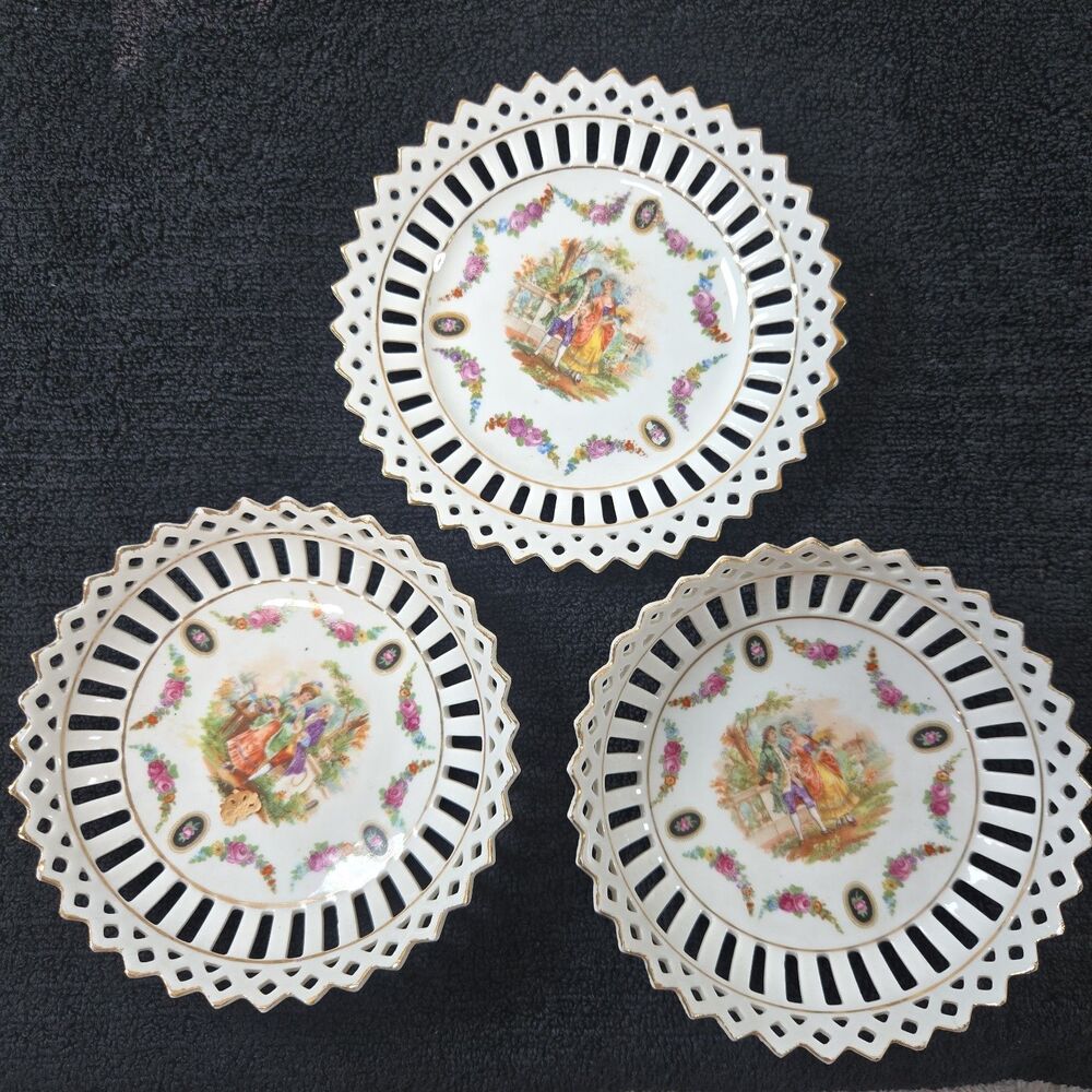 Vintage German Reticulated Porcelain Courting Couple Bowls & Plate Set of 3